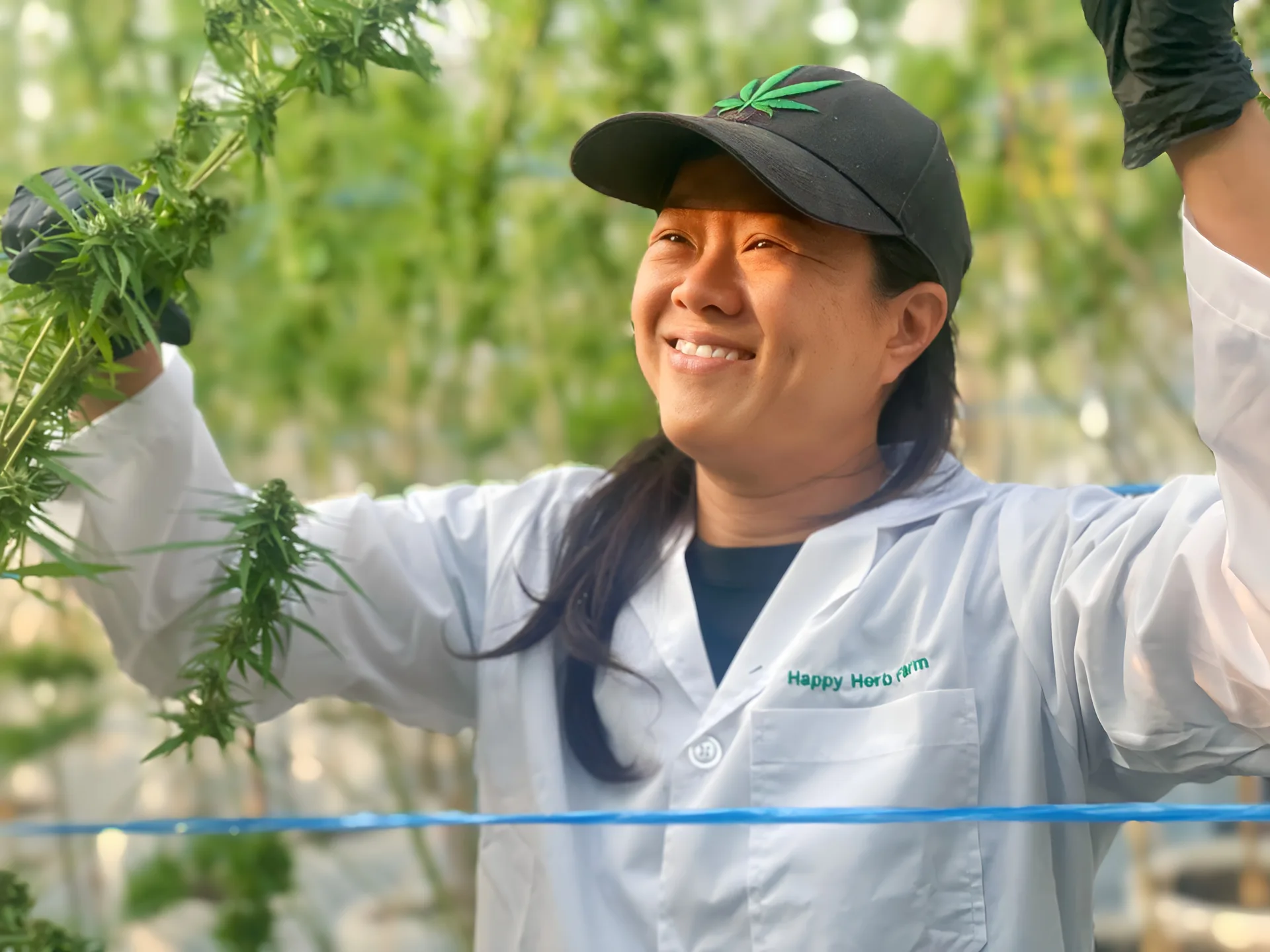 Happy Herb founder smiling while caring for cannabis plants
